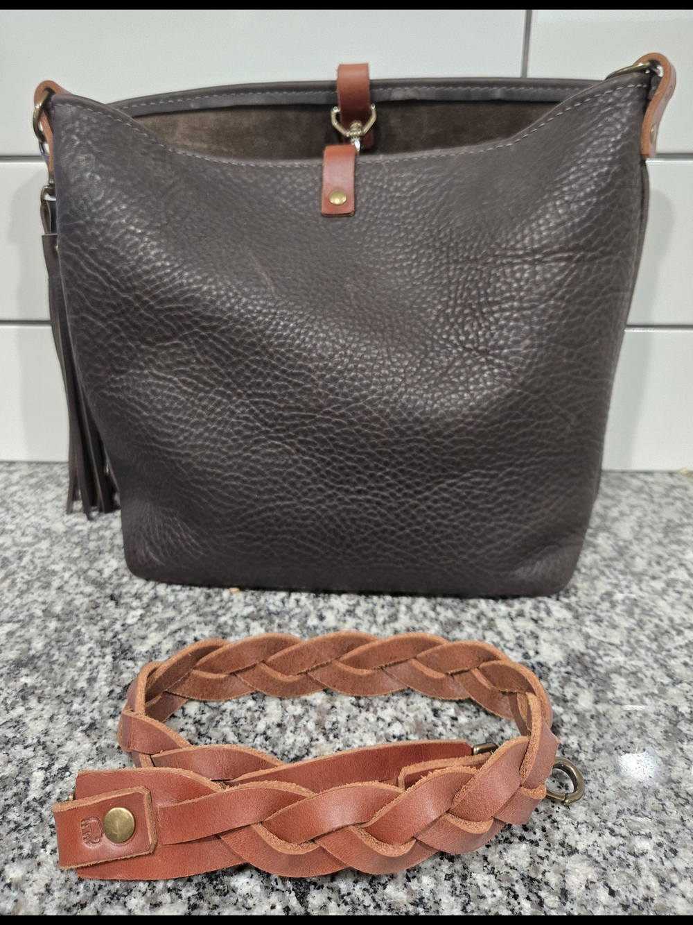 Buffalo Hyde & Hooks Gray Small Bucket Bag with Braided Tan Strap - Picture 2 of 3